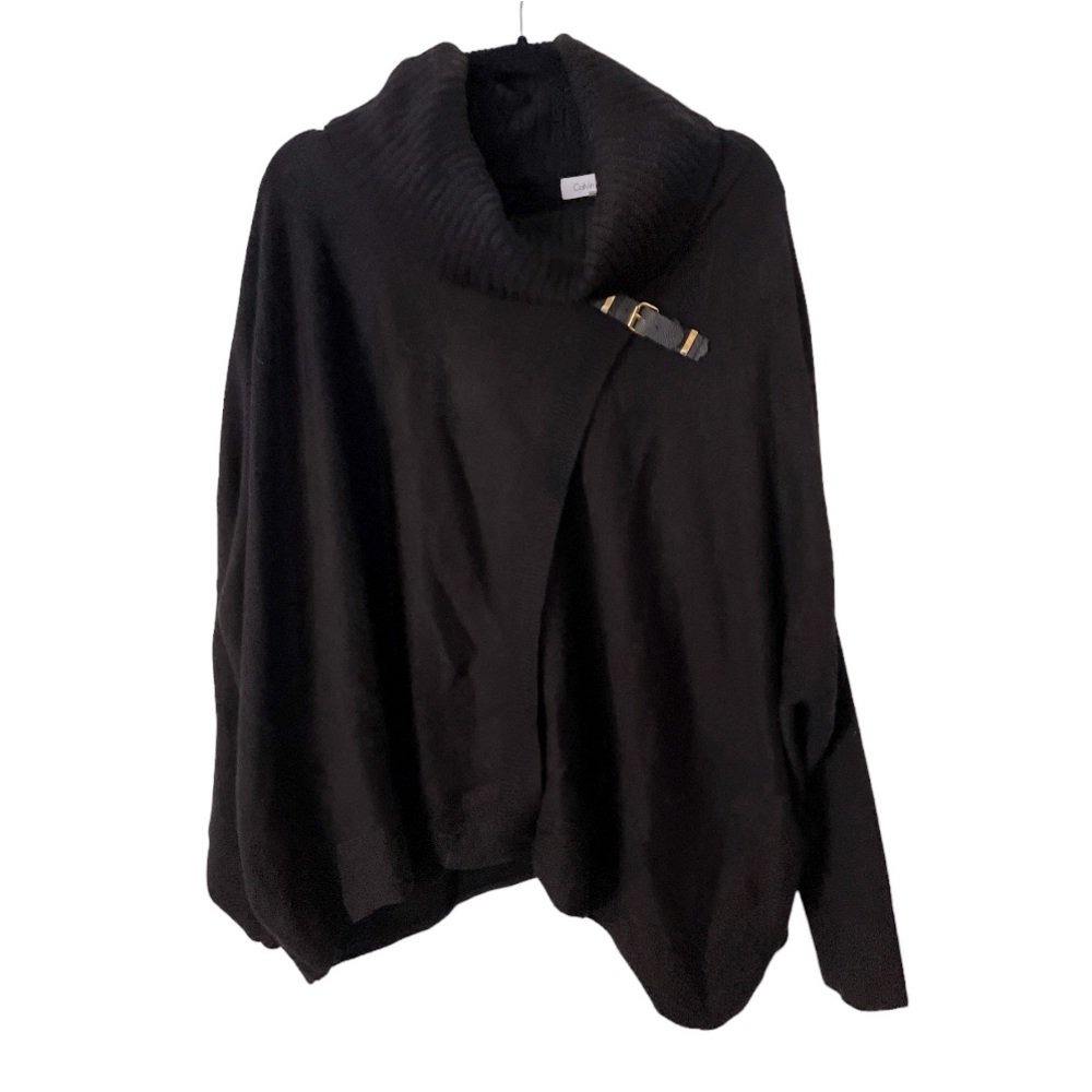 Calvin Klein Black Turtle Neck Poncho Sweater with Leather Buckle Size L/XL